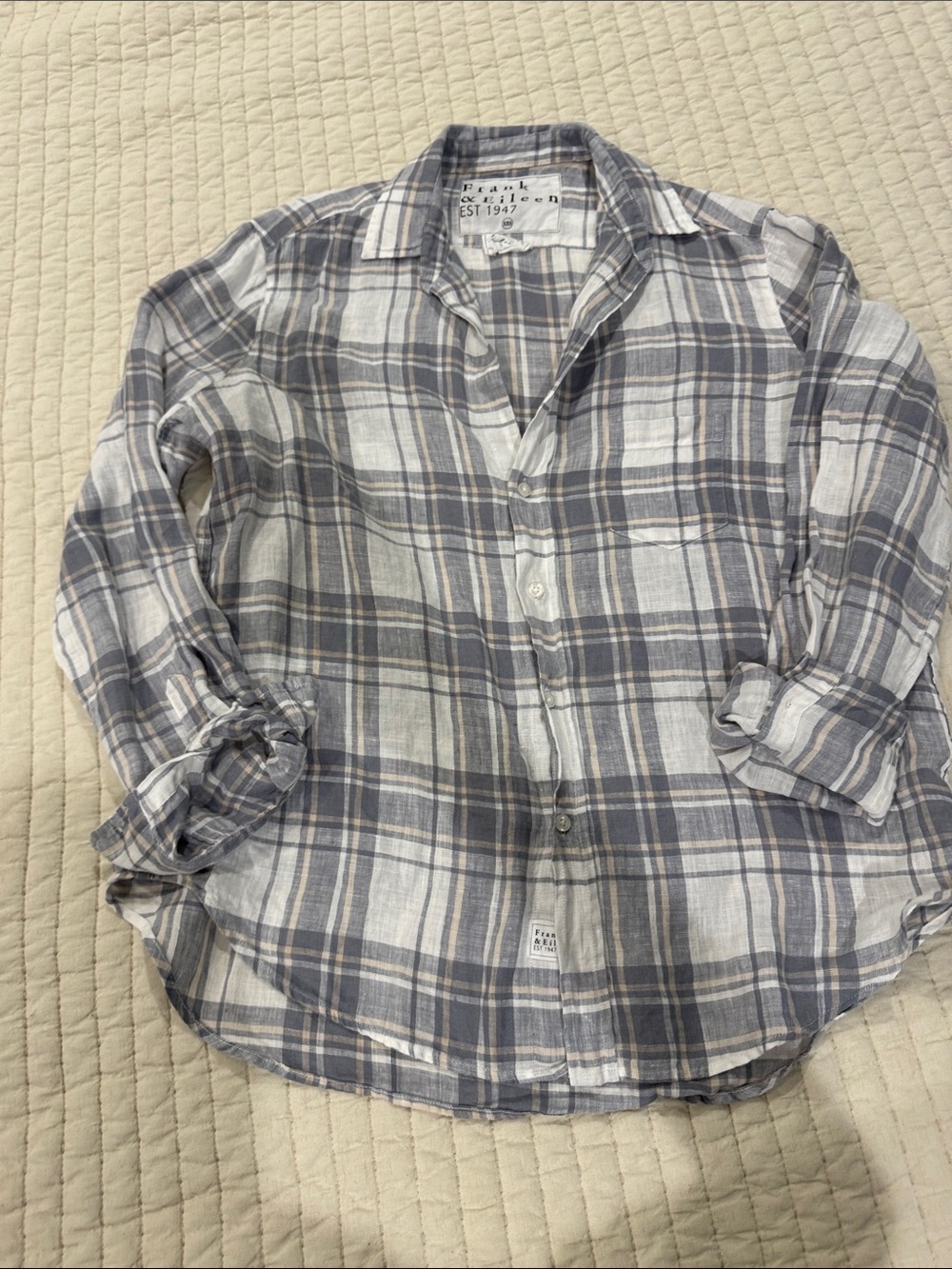 Frank & Eileen Gray, White and Beige linen Button-Down Shirt XXS